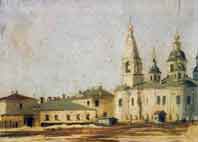 В. О. Волков. Стрітенська церква у Полтаві. В центрі двоповерховий будинок К. Ромера, у якому з 1875 р. знаходилось фотоательє Й. Хмелевськового.